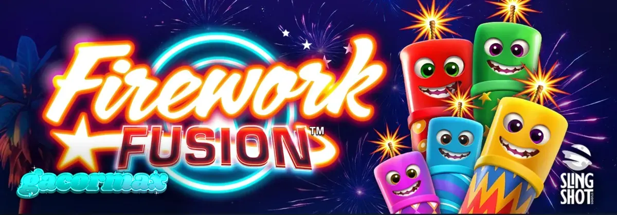 Tampilan visual slot Firework Fusion dengan latar belakang karnaval pantai saat senja.